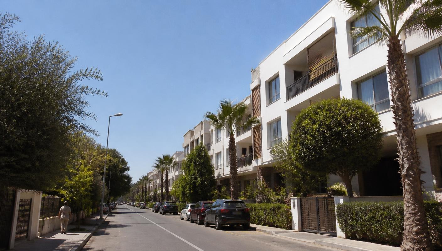 Woonstraat met moderne appartementengebouwen en palmbomen in Marokko