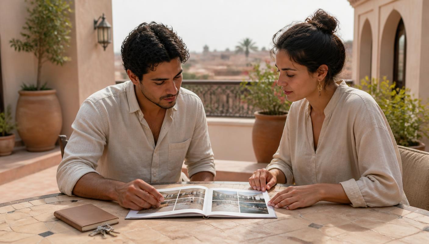 Twee mensen bekijken een woningbrochure aan een tafel op een terras in Marokko