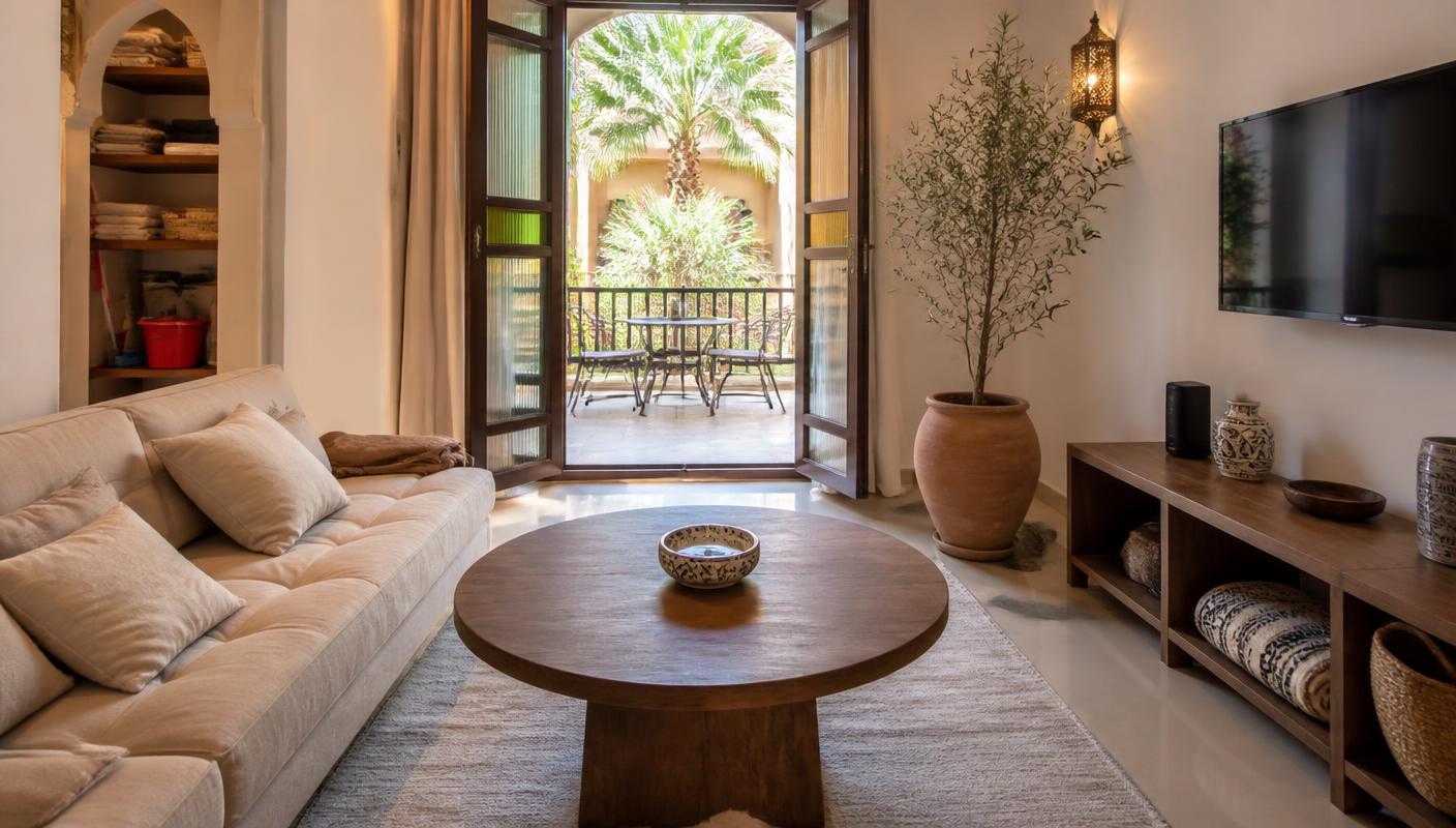 Ingerichte woonkamer van een verhuurwoning in Marokko met openslaande deuren naar een patio