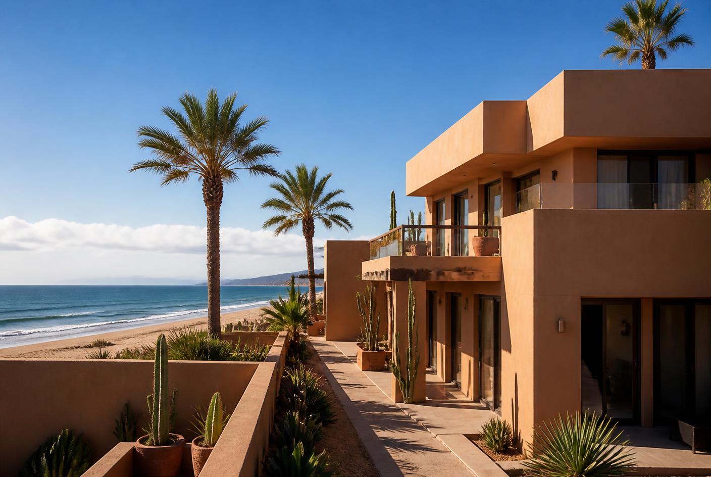 Moderne kustwoning met okerkleurige gevel bij het strand van Agadir met palmbomen