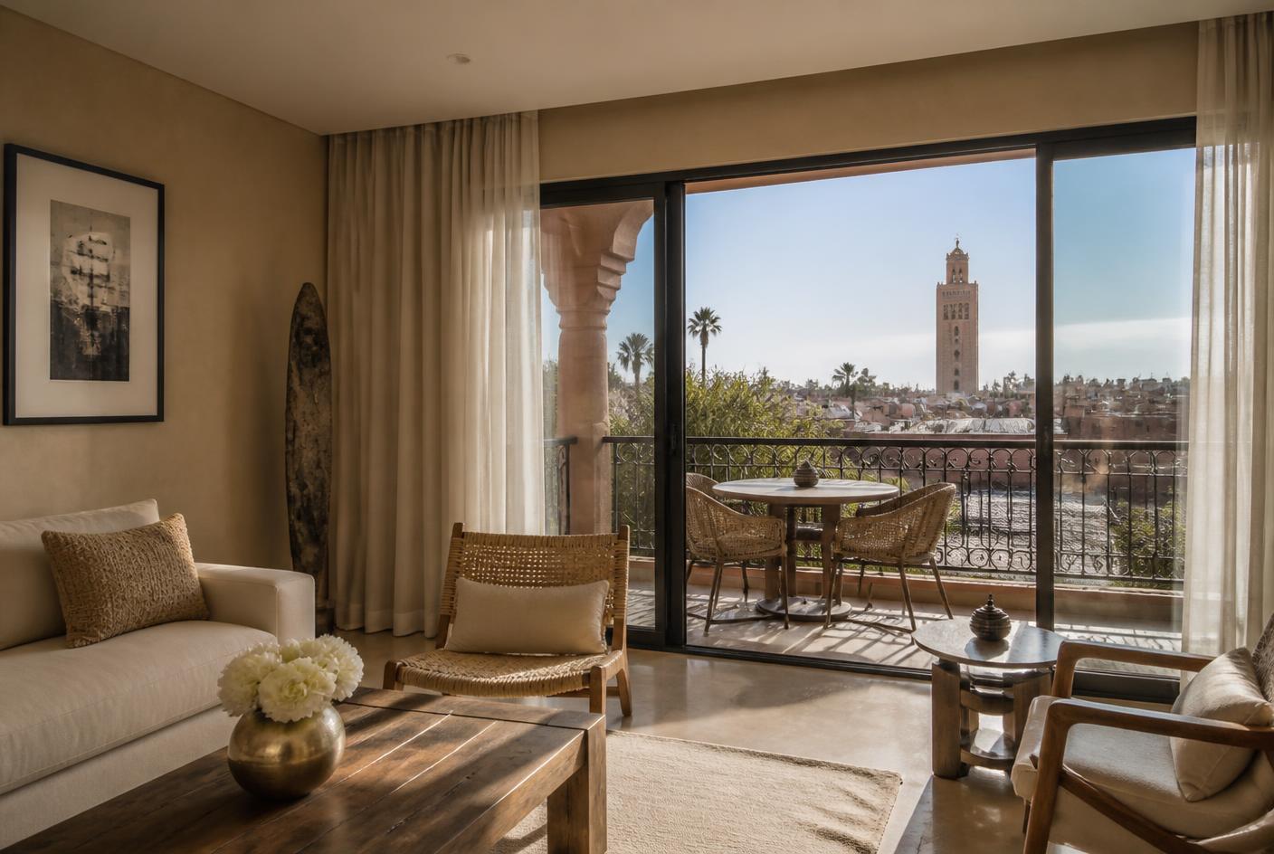 Woonkamer van een appartement in Marrakech met balkon en uitzicht op de daken van de medina